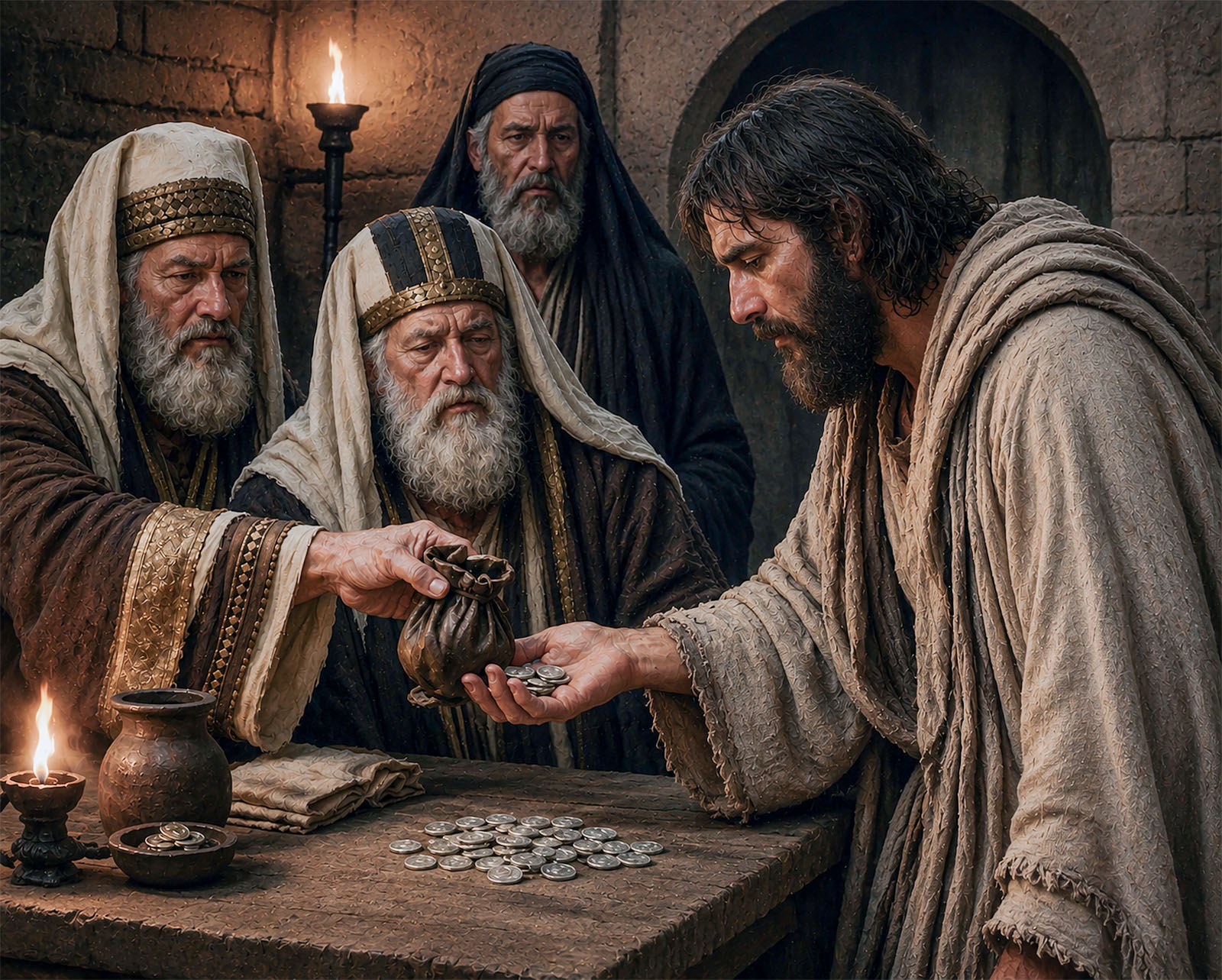 Judas agrees to betray Jesus for 30 pieces of silver.